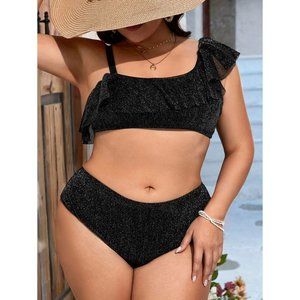 NEW Ruffle Trim Asymmetrical Neck Bikini Swimsuit 1XL
